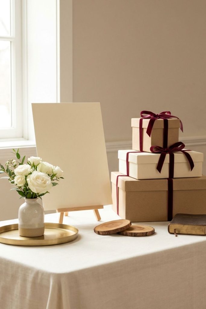Pastor day decorations ideas with cream gifts, burgundy ribbons, and white roses.