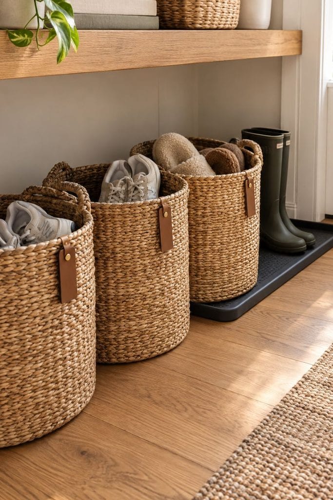Three seagrass baskets on a closet floor, a tidy shoe storage ideas closet floor idea