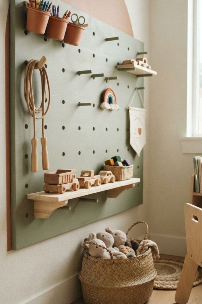 Sage green pegboard with buckets and hooks, vertical toy storage ideas