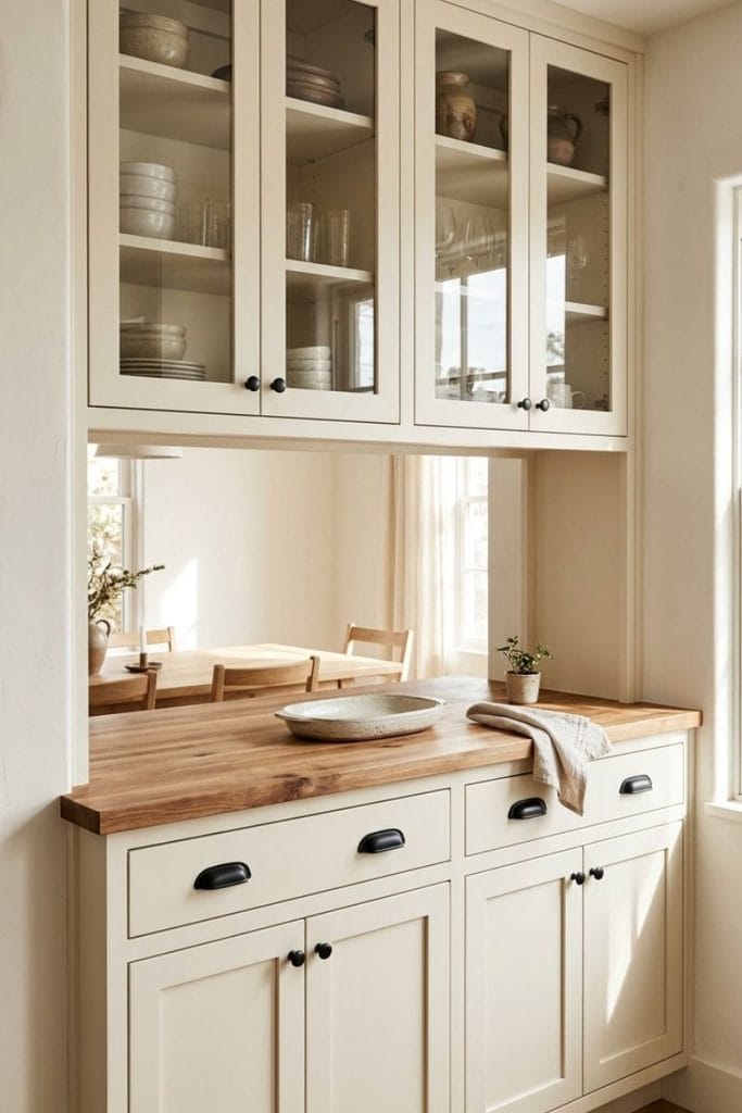 Cream Shaker kitchen built in china cabinet with glass uppers and butcher block counter