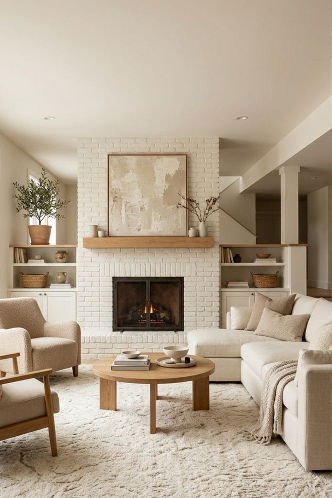 Basement living room ideas with a warm white fireplace and cream seating