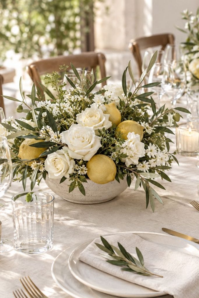 Wedding table decor with lemons, white roses, olive branches, ivory linen, and brass details