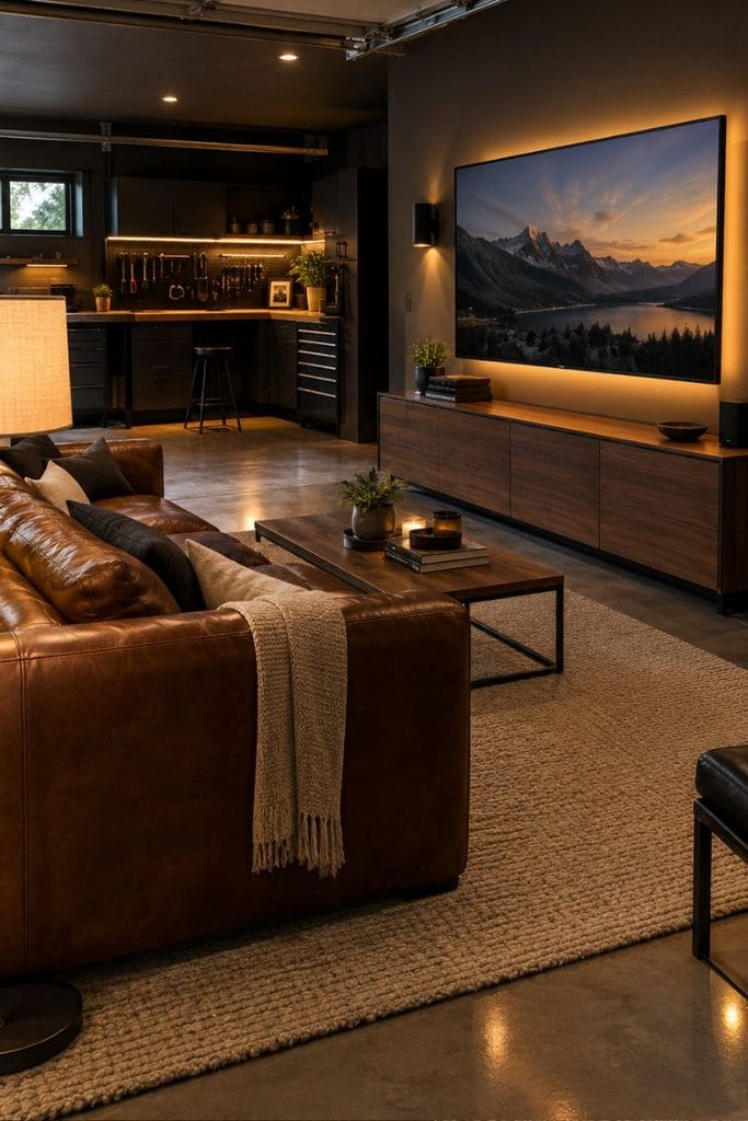 Warm layered lighting with sconces and LED TV lighting in a man cave garage