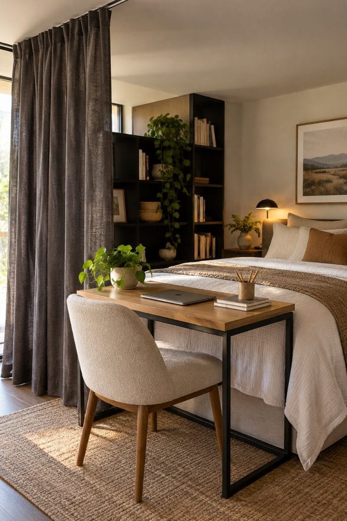 Bedroom game room with compact desk and charcoal linen curtain divider