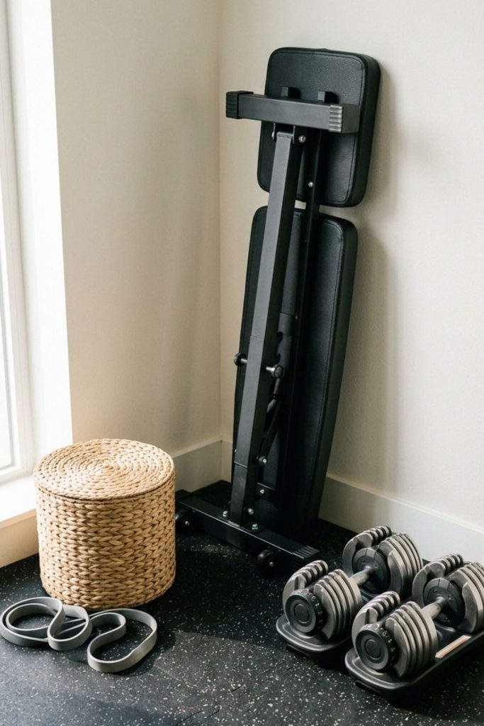Adjustable dumbbells and an upright bench saving floor space in a half garage gym corner