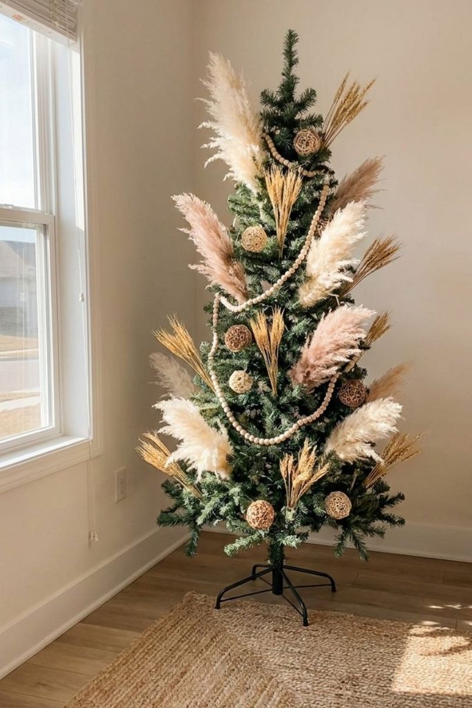 Boho Christmas tree with pampas grass plumes and rattan balls on a slim tree